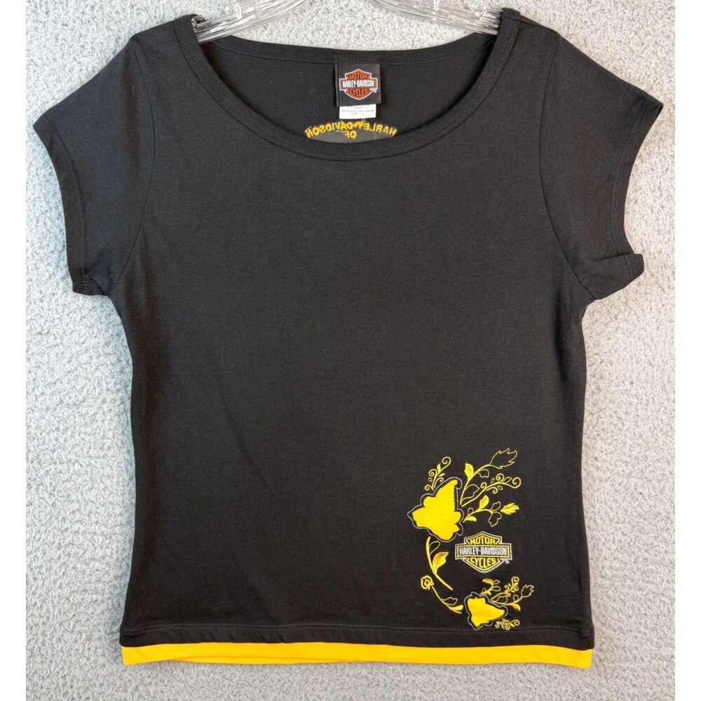 Harley Davidson Baby Tee Y2K Graphic Crop Top L Bikercore Yellow Floral Tucson